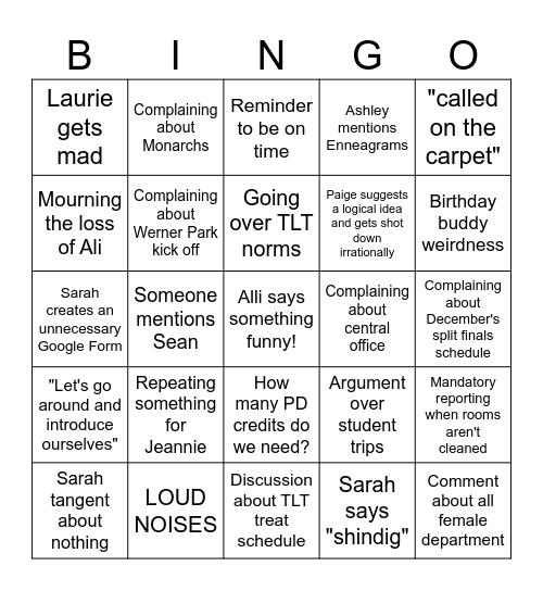 Department Meeting Bingo Card