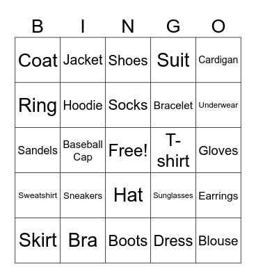 Clothes and Accessories Bingo Card