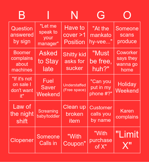 Shitty Hyvee Shift Bingo Card