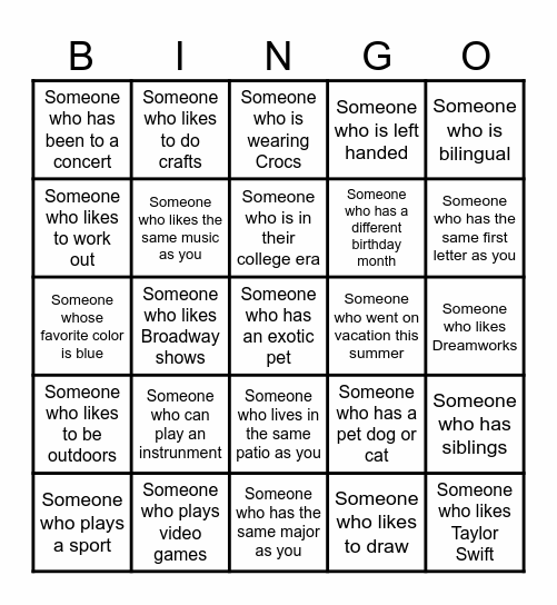 Speed Friending Bingo Card