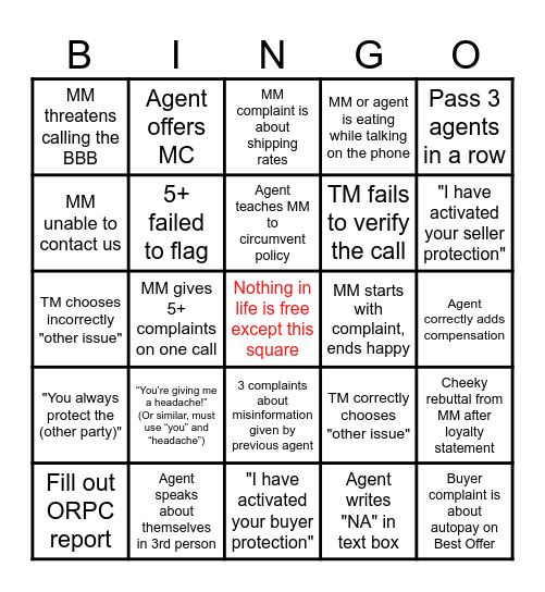 Complaint Audit Bingo Card