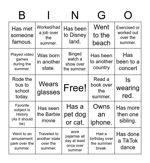 Back to School Bingo Card