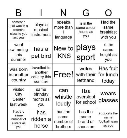 Let's get to know each other Bingo Card