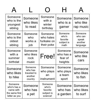 GET TO KNOW YOUR CLASS Bingo Card