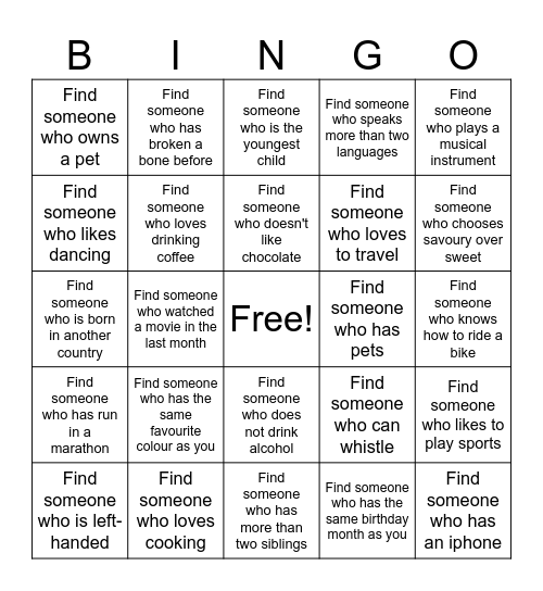 Get to Know You Bingo Card