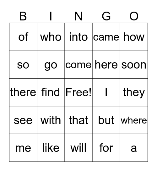 SITE WORD BINGO Card