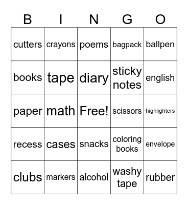 Back To School Edition Bingo Card