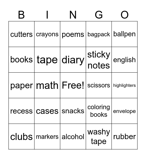 Back To School Edition Bingo Card