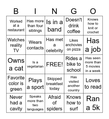 First Day Bingo Card