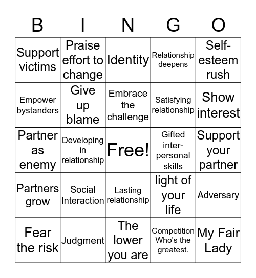 Relationship Bingo Card