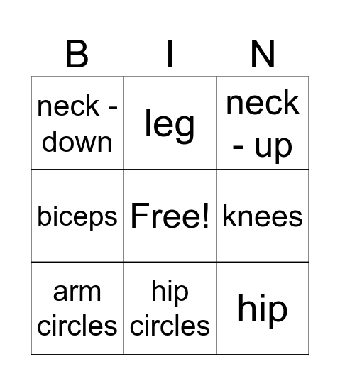 Warm Up Excercise Bingo Card