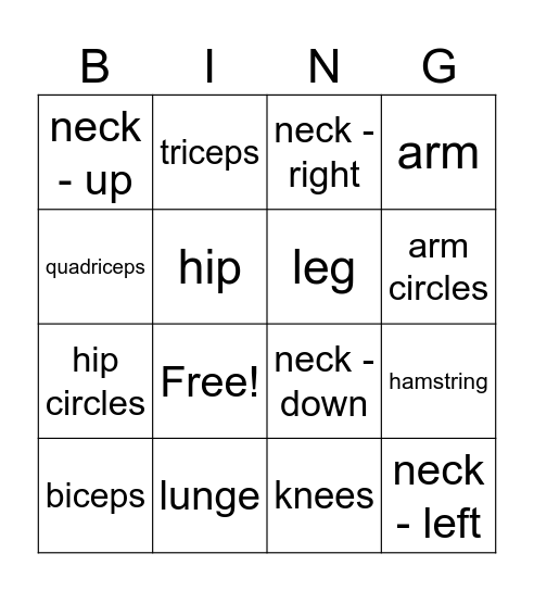 Warm Up Excercise Bingo Card