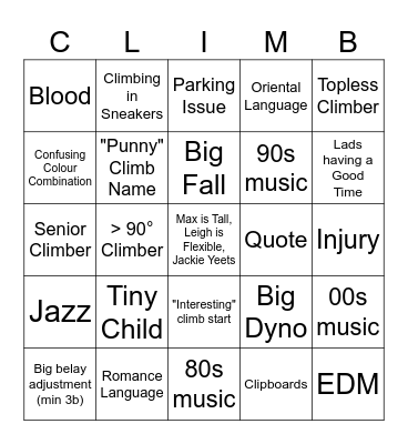 Top Rope Bingo Card