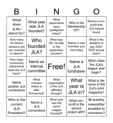 JLA Trivia Bingo Card