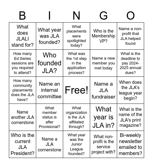 JLA Trivia Bingo Card