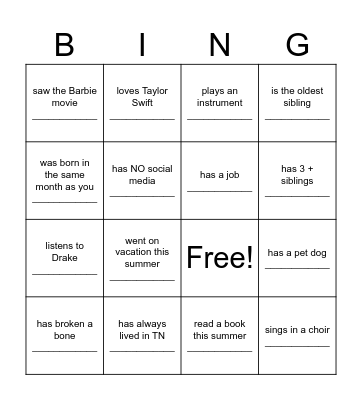 Find different classmates & write their names in the box that describes them. Fill as many boxes as you can! Bingo Card