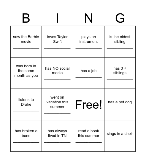 Find different classmates & write their names in the box that describes them. Fill as many boxes as you can! Bingo Card