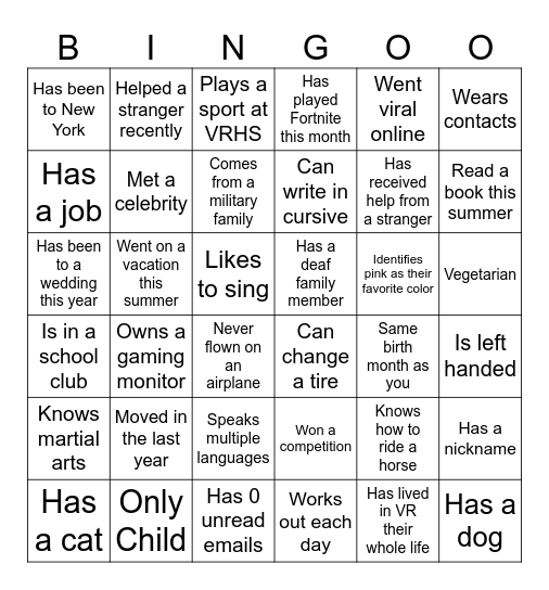 Classroom Bingo Card