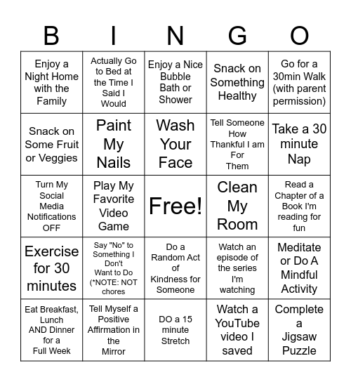 Self-care Bingo Card
