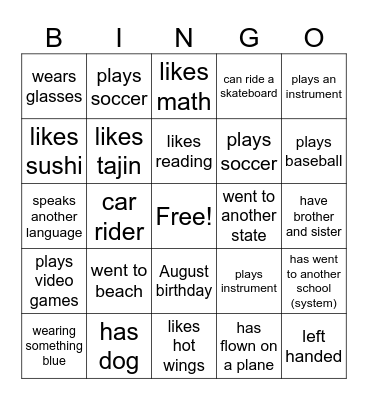 Back to School Bingo Card