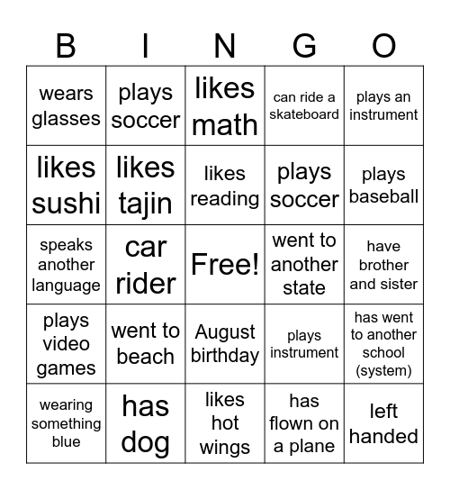 Back to School Bingo Card