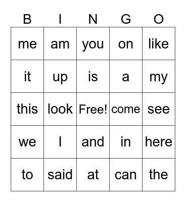 Sight Words Bingo Card