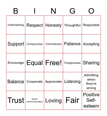 Healthy Relationship Bingo Card