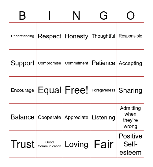 Healthy Relationship Bingo Card