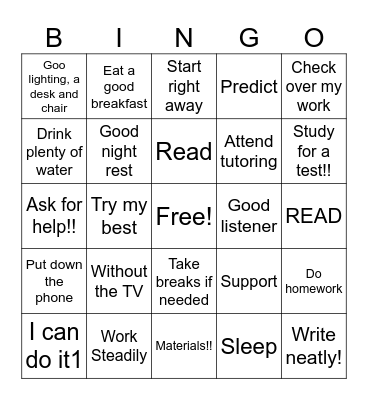 Study Skills BINGO Card