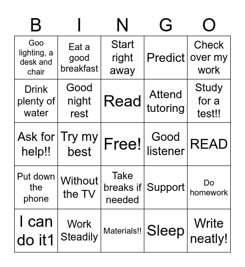 Study Skills BINGO Card