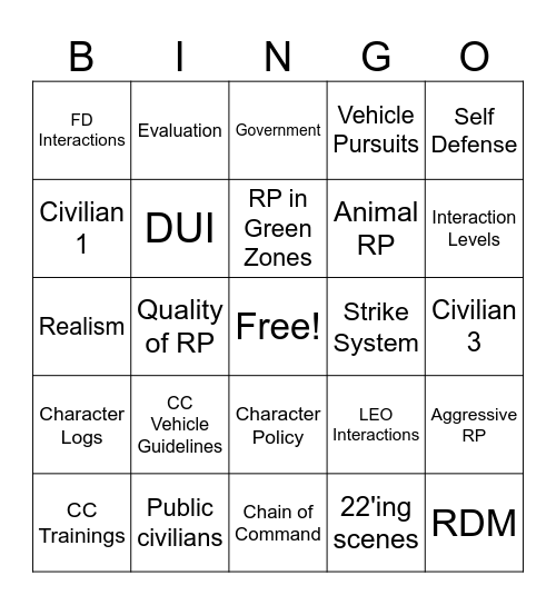 Certified Civilian SOP Bingo! Bingo Card