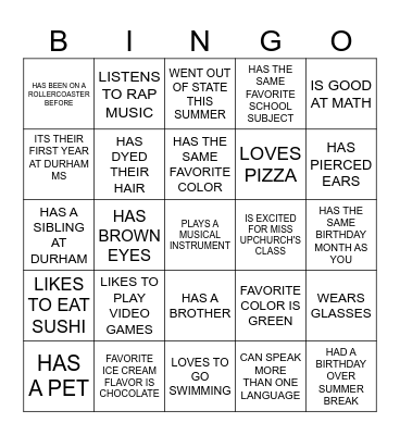 GETTING TO KNOW YOU BINGO Card