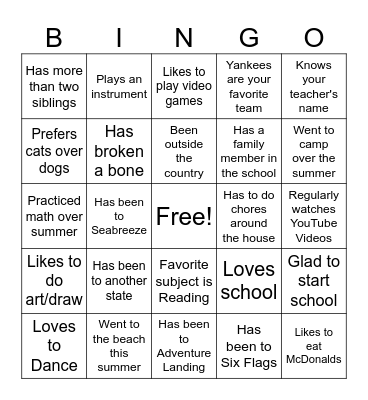 First Day of School Bingo Card