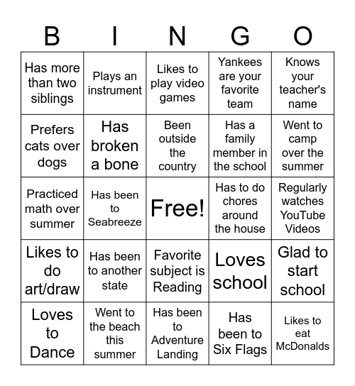 First Day of School Bingo Card