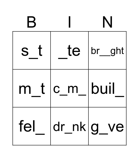 Irregular Verbs Bingo Card