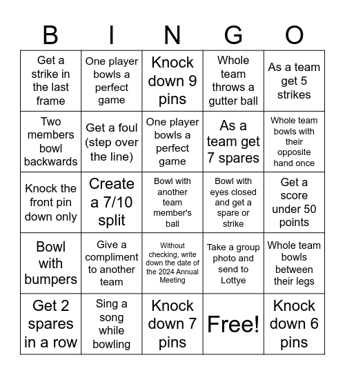 Bowling Bingo Card