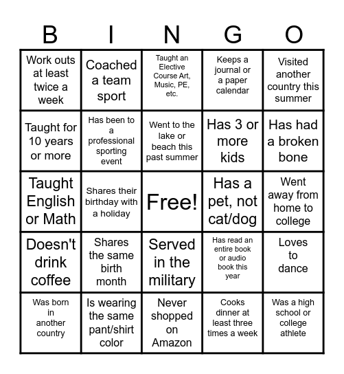 GETTING TO KNOW YOU Bingo Card