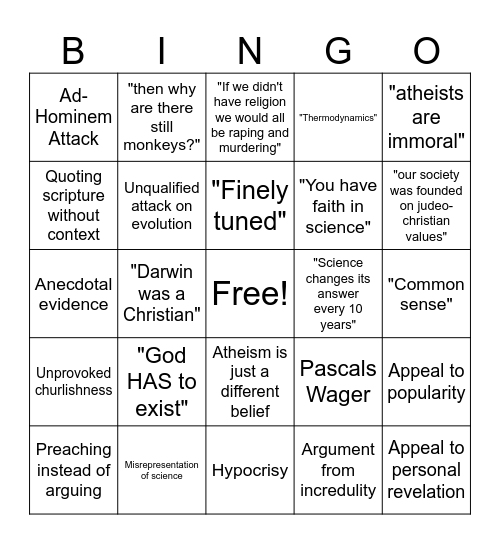 Shitty Theist Bingo Card