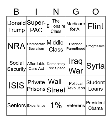 Democratic Debate Bingo Card