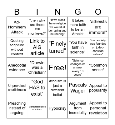 Shitty Theist Bingo Card