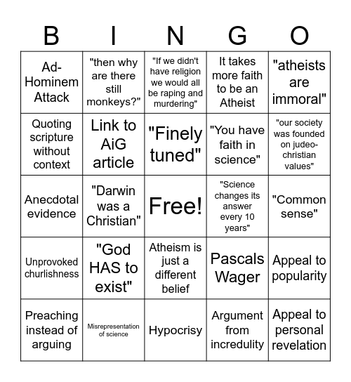 Shitty Theist Bingo Card