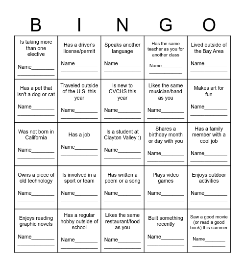 Icebreaker Bingo Card
