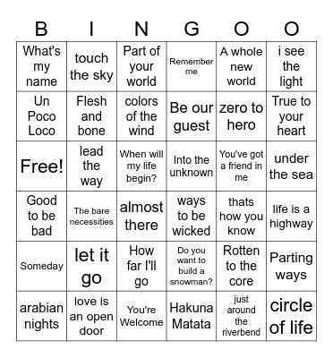 Disney Song Bingo Card