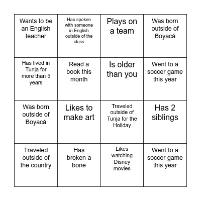 Classmate Bingo Card