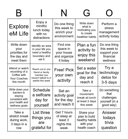 Wellness Bingo GDMS Bingo Card