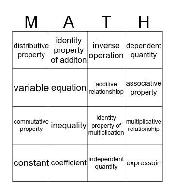 MATH-O Bingo Card