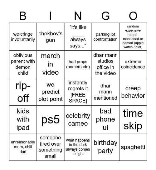 dhar mann bingo but we instead of jarvis (+some extras) Bingo Card