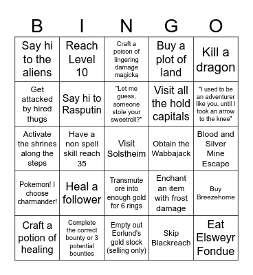 Skyrim Bingo Card
