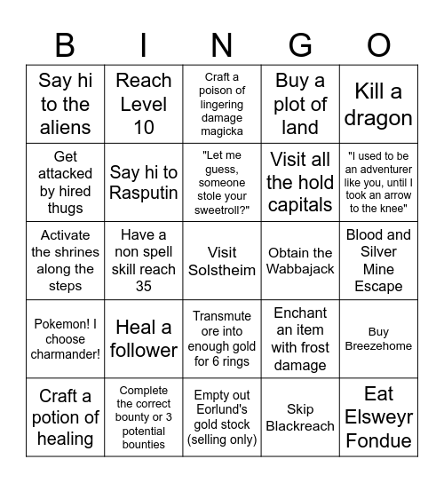 Skyrim Bingo Card