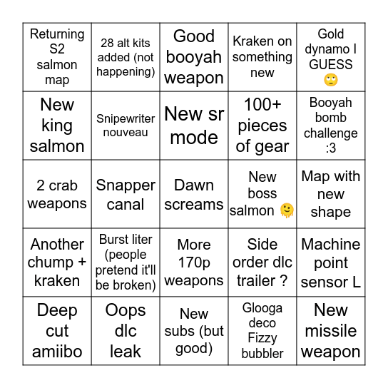 Squibbies Bingo Card